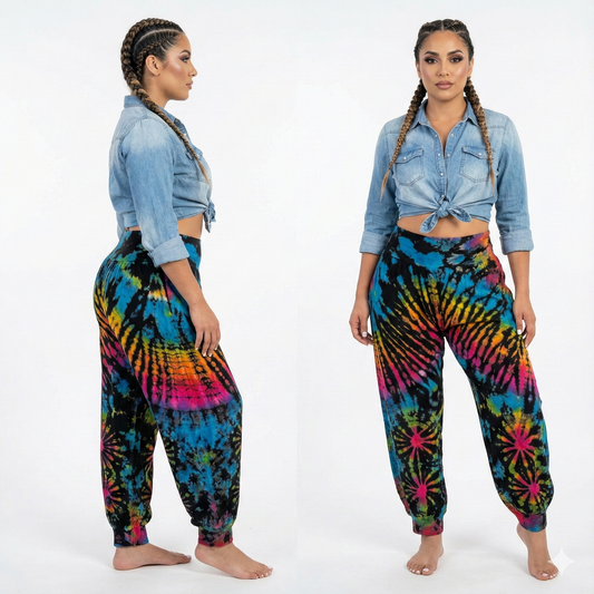 Two women wearing colorful tie-dye pants and a denim shirt on a white background