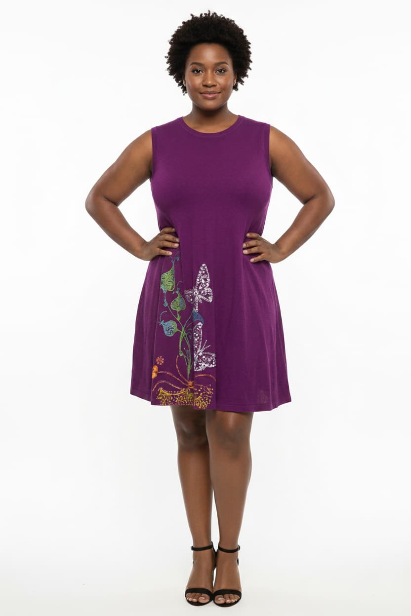 Woman wearing a purple dress with floral embroidery-SanJules