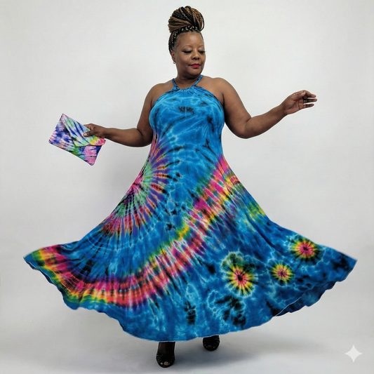 Woman wearing a tie-dye dress with a colorful clutch against a white background
