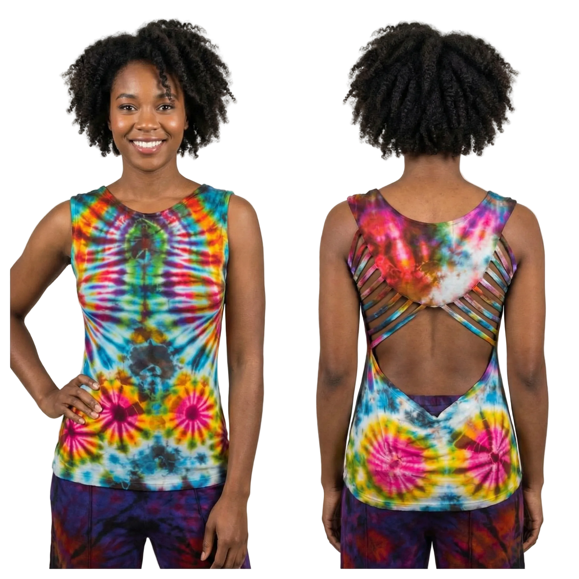 Person wearing a colorful tie-dye tank top with a cutout design, front and back views.