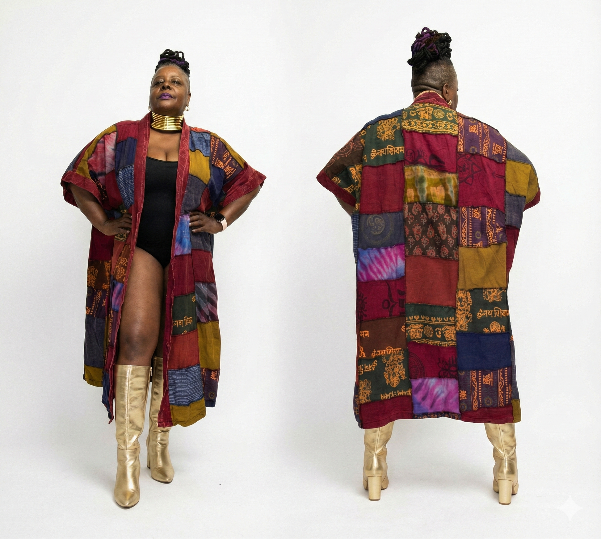 Woman wearing a colorful patchwork duster from front and back views on a white background