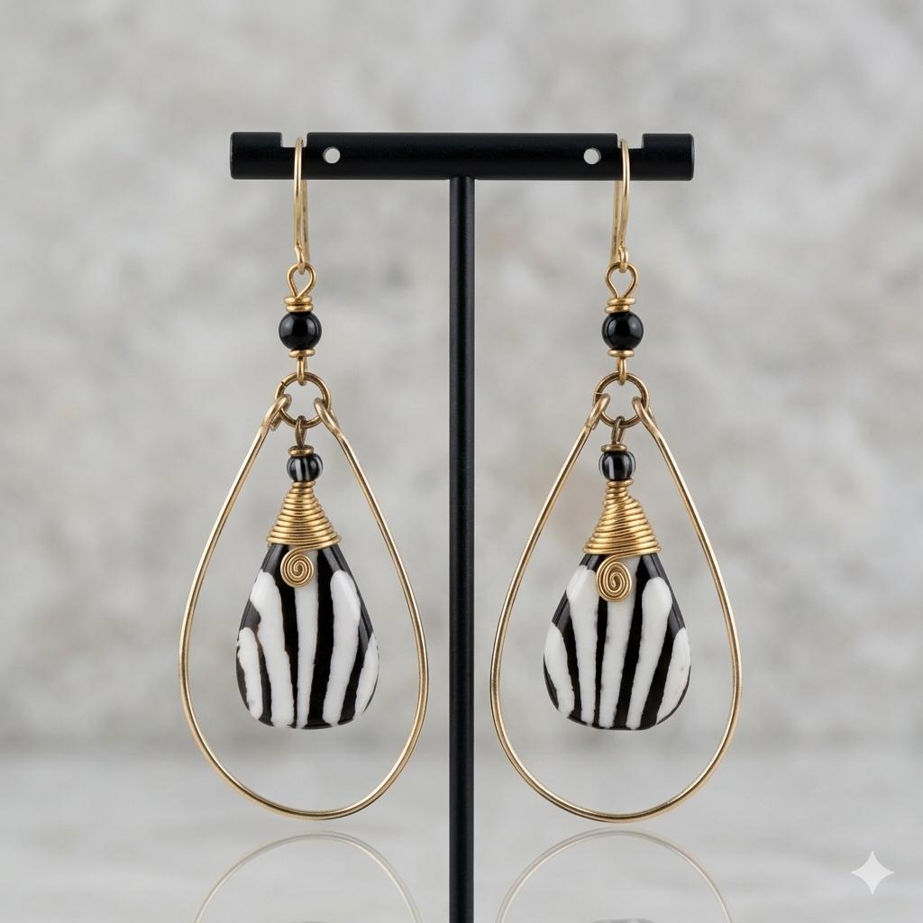 Gold brass teardrop earrings with black and white striped bone beads and black accents.