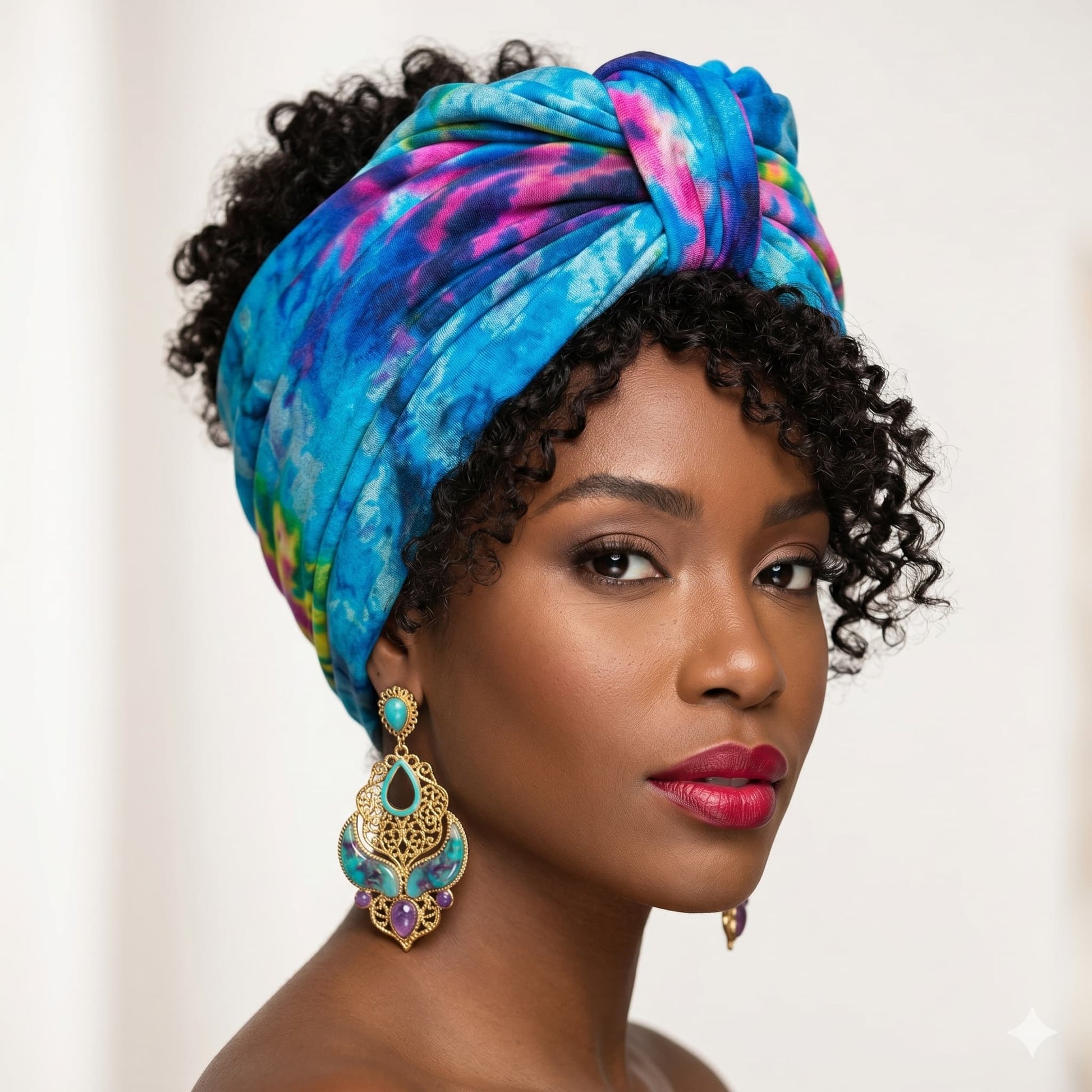 Woman wearing a colorful tie dye turban and earrings against a neutral background