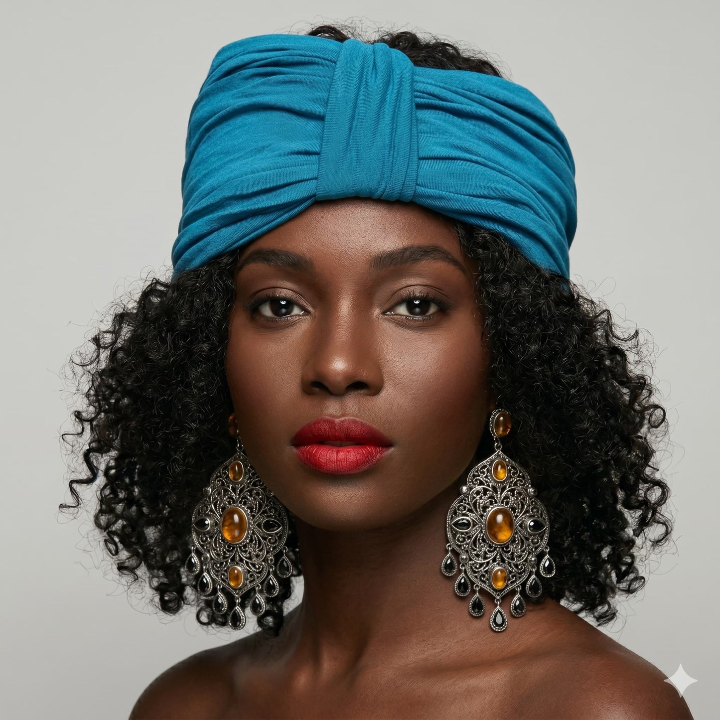 Woman wearing a blue turban and large earrings against a gray background