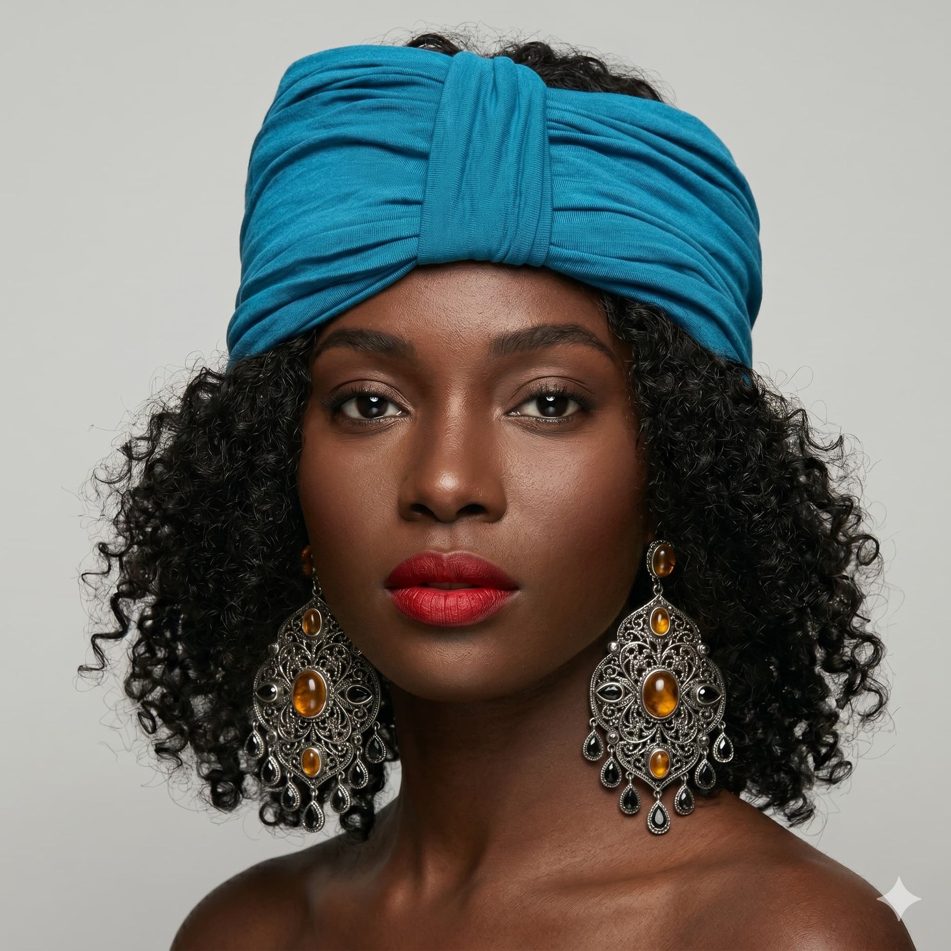 Woman wearing a blue turban and large earrings against a gray background