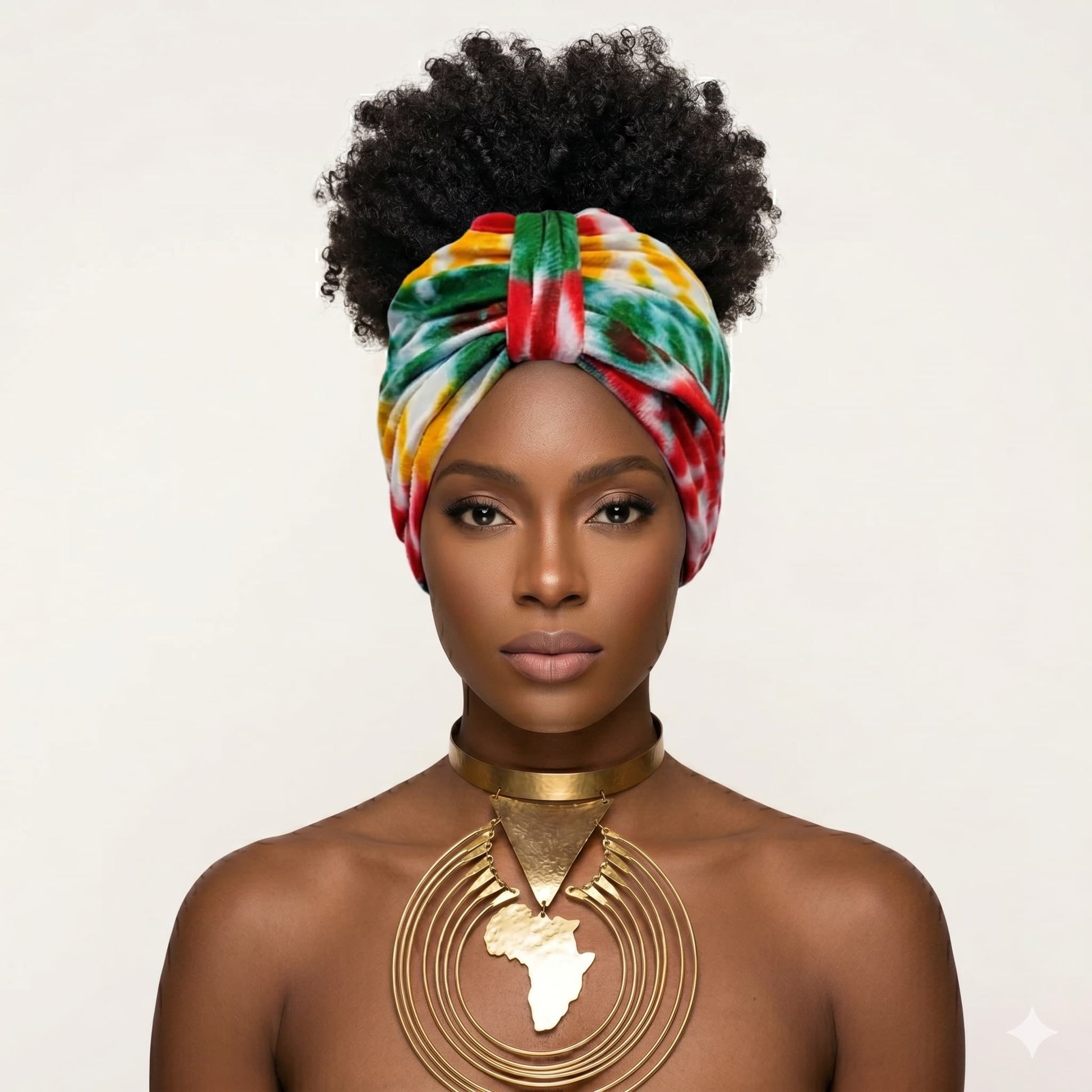 Woman wearing a tie dye turban and gold necklace with an African map design on a light background