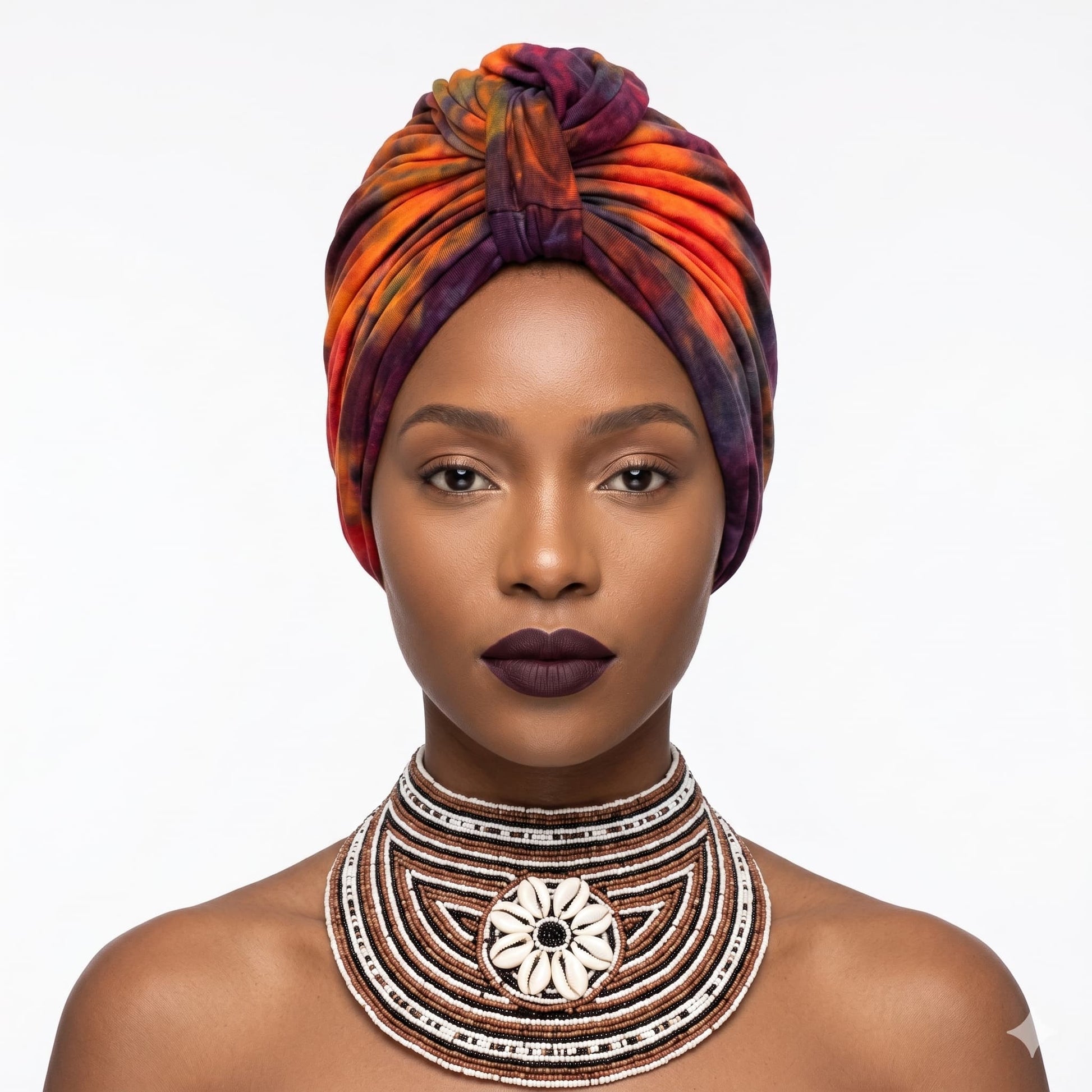 Woman wearing a tiedye turban and intricate necklace on a white background