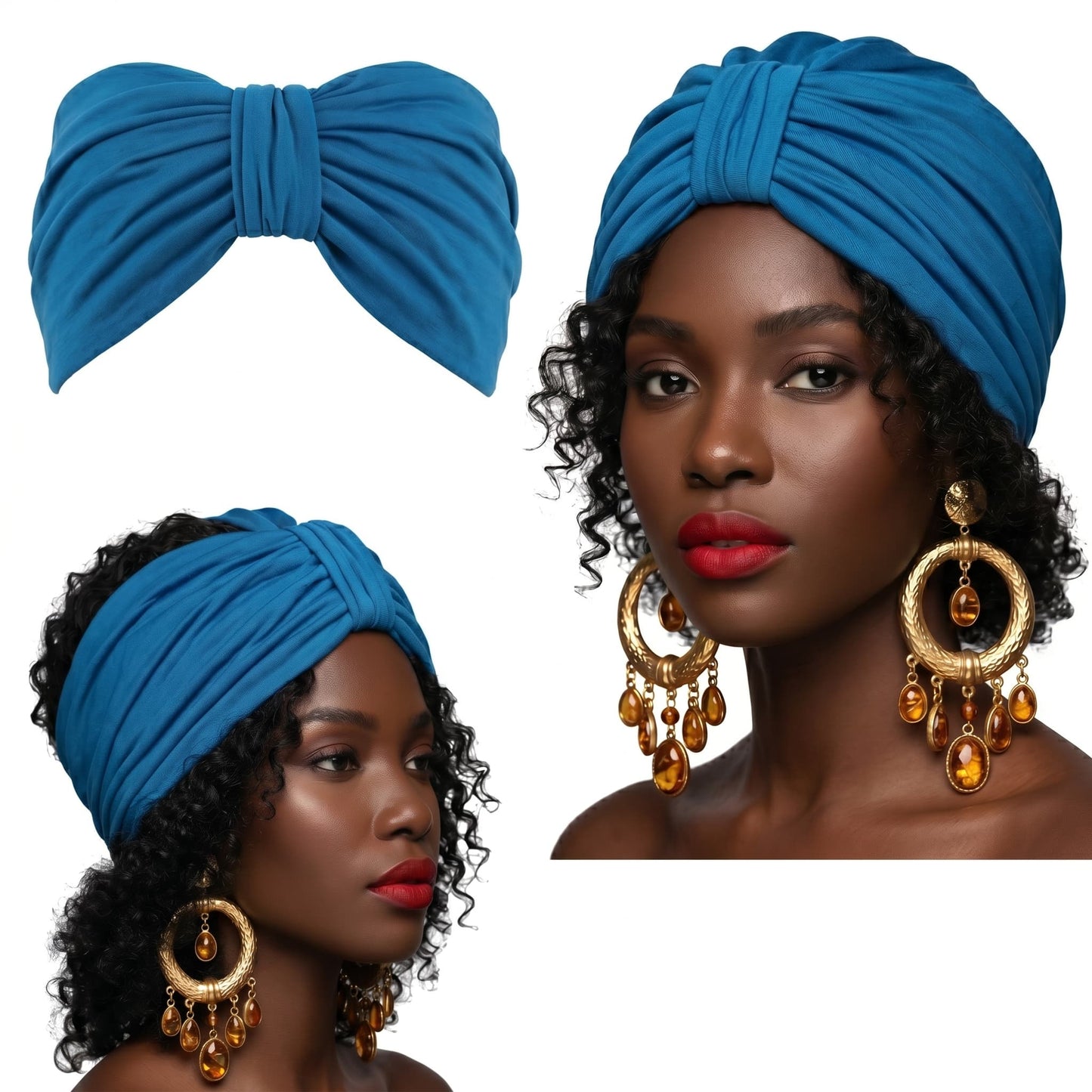 Blue headwrap worn by a model with gold earrings on a white background