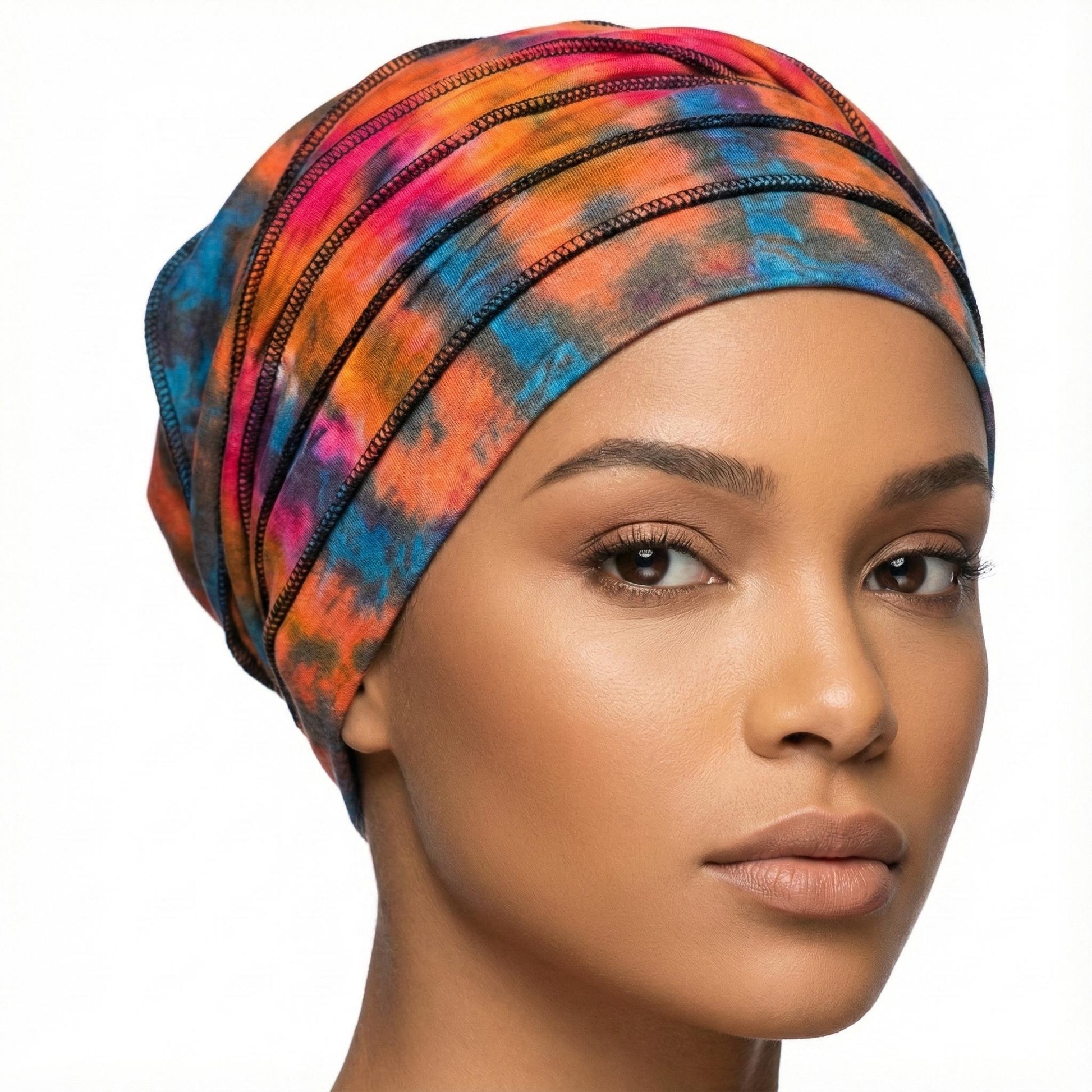 Woman wearing a colorful tie dye hat on a white background-Sanjules