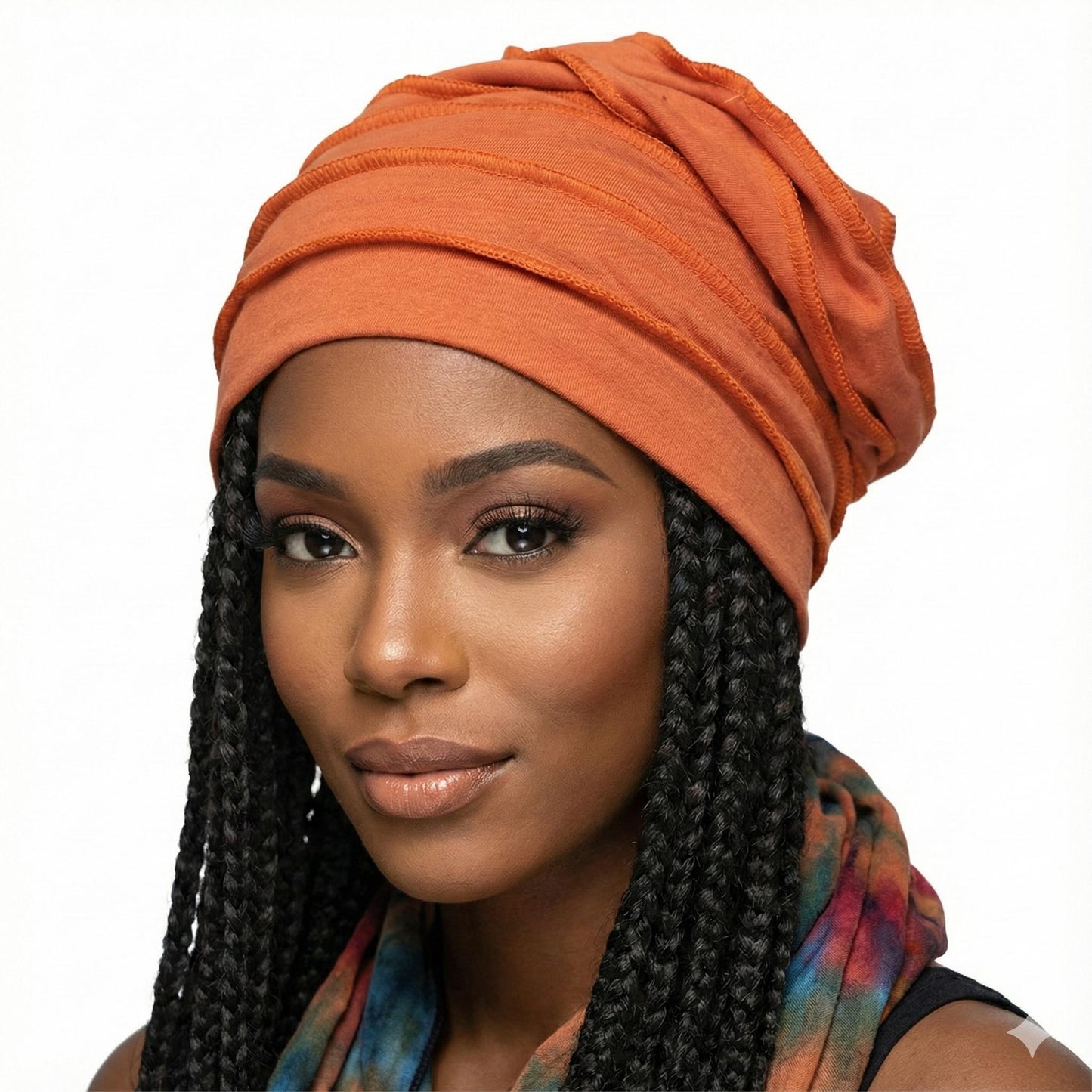 Woman wearing an orange hat with a white background-Sanjules