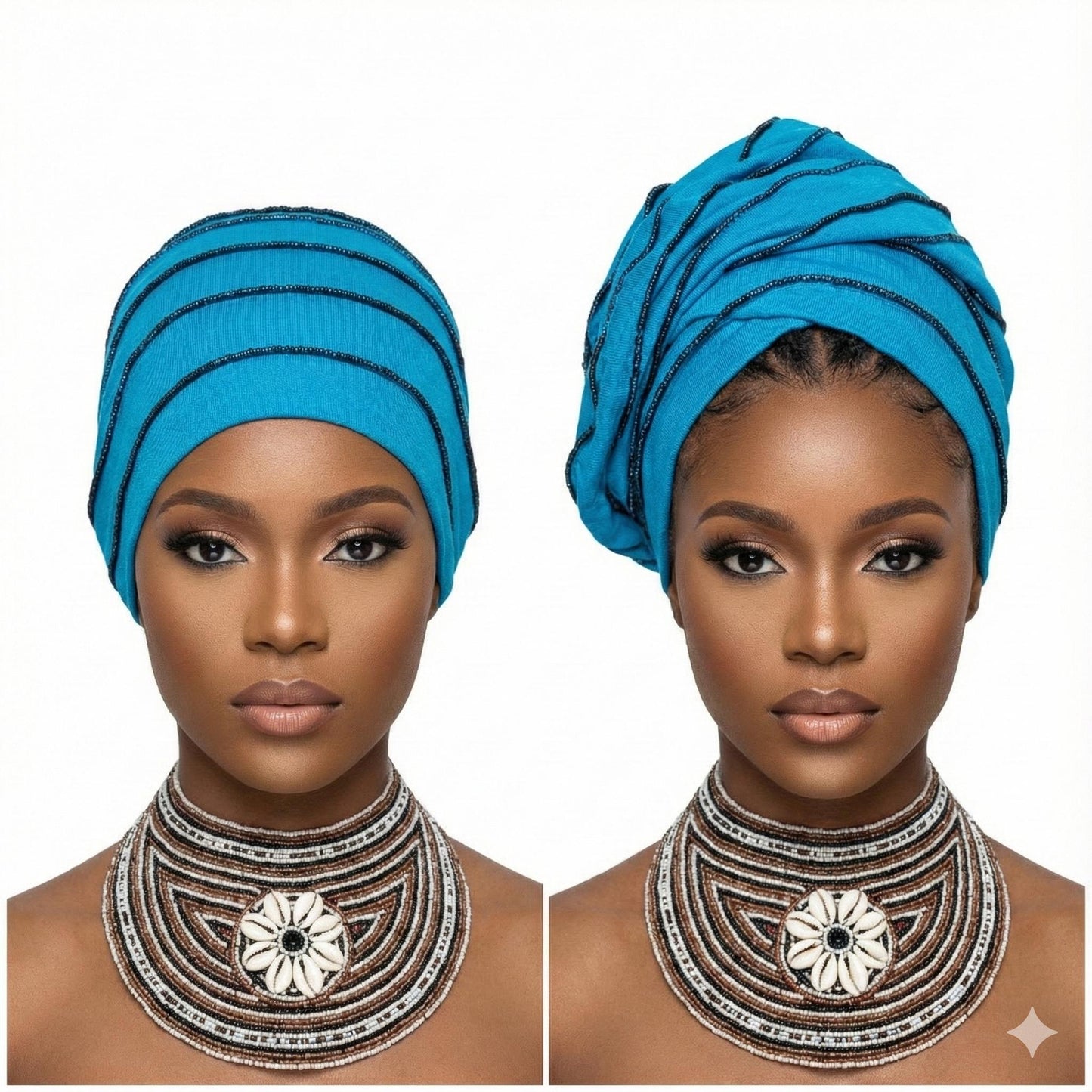 Two views of a woman wearing a blue hat and intricate necklace on a white background-Sanjules