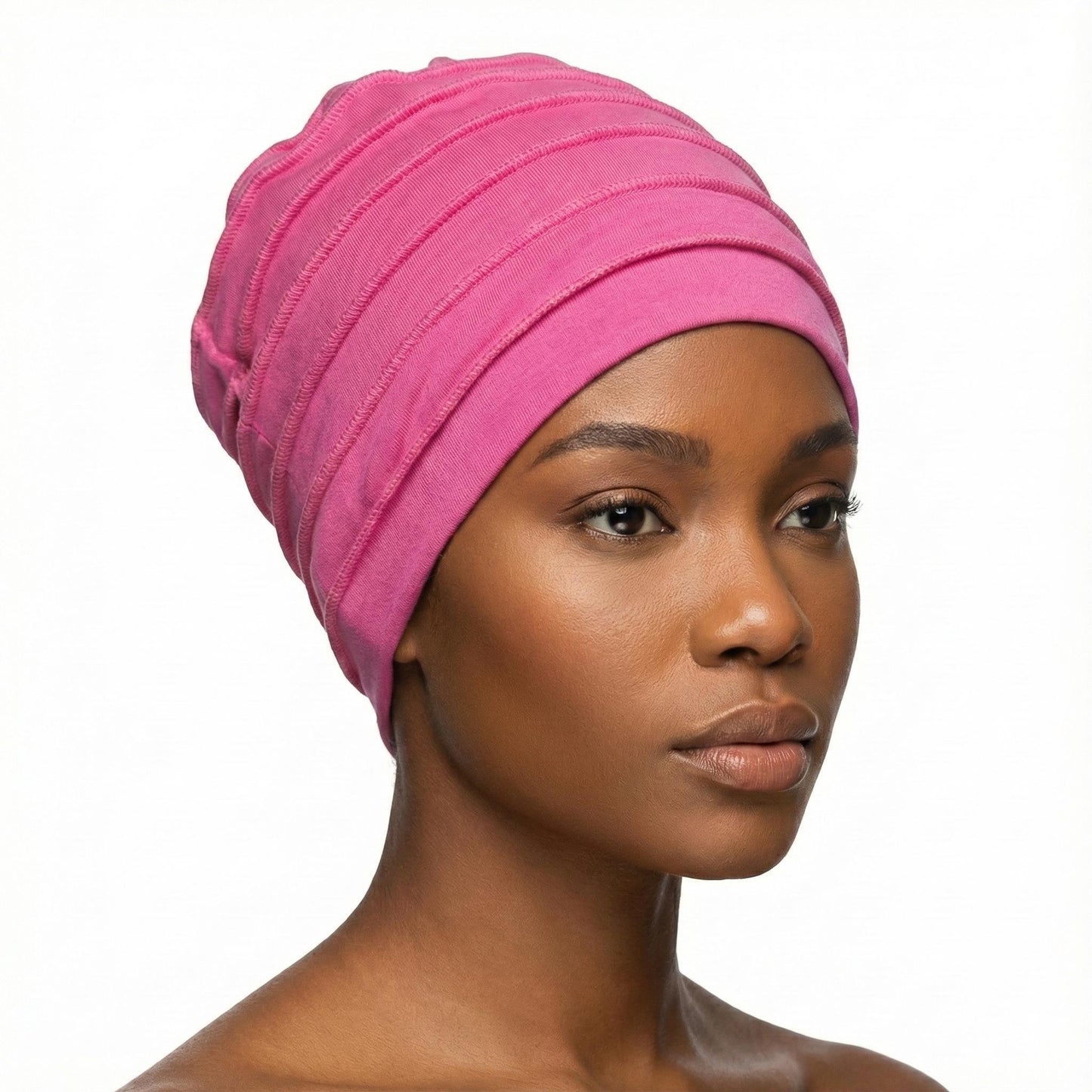 Woman wearing a pink hat on a white background-Sanjules