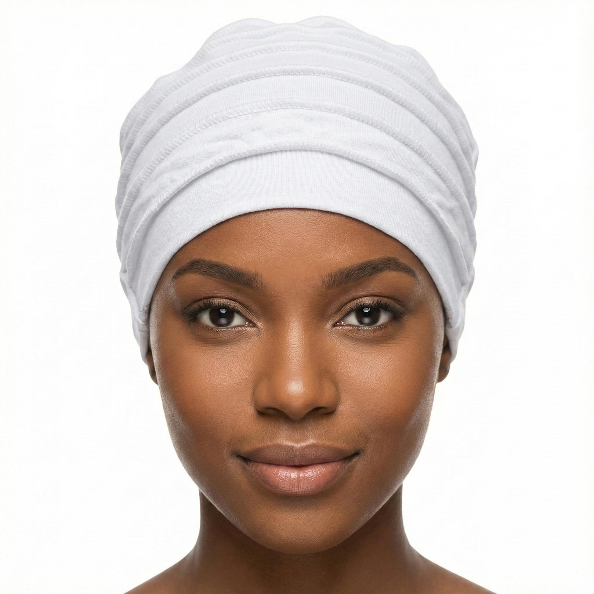 Woman wearing a white hat on a white background-Sanjules