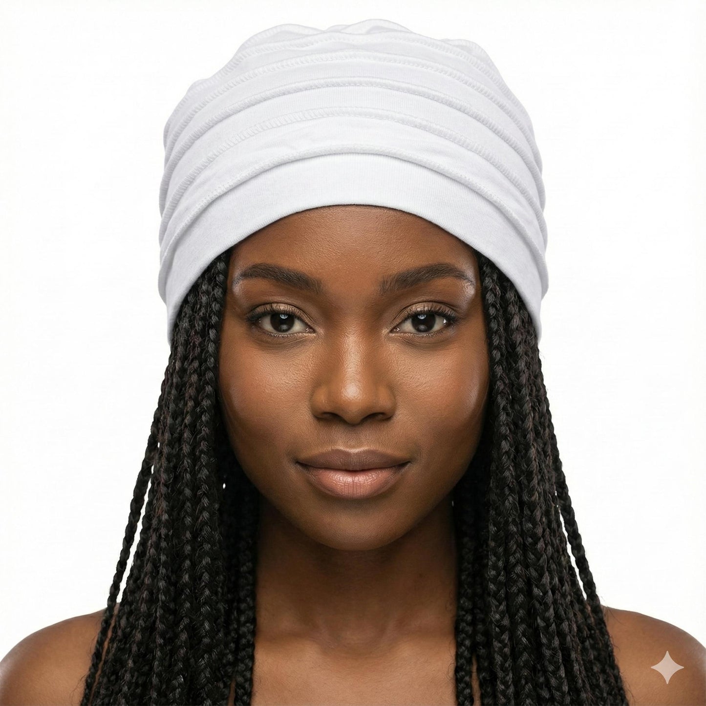 Woman wearing a white hat with braided hair on a white background-Sanjules