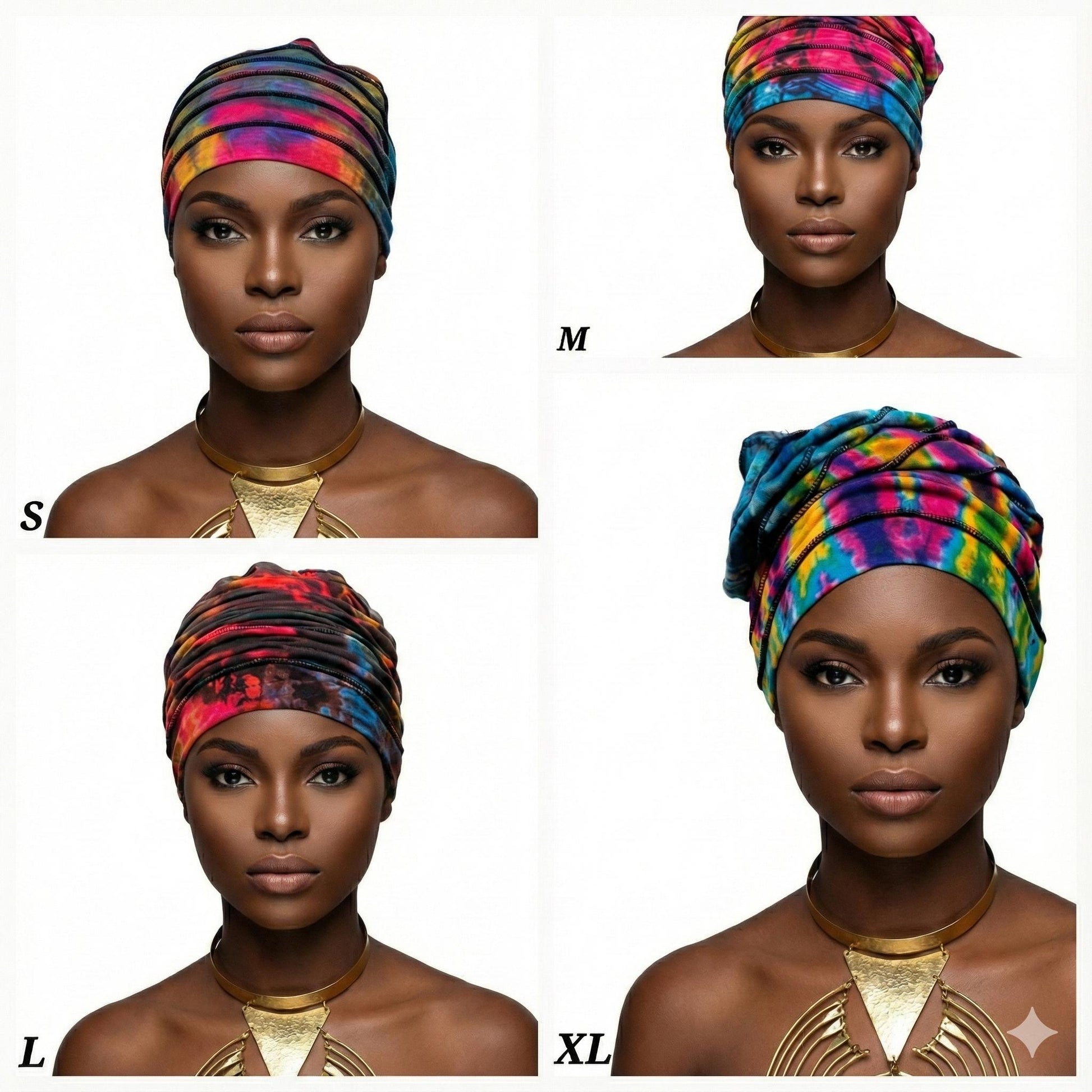 Four different sizes of a colorful hat worn by a model on a white background.-Sanjules