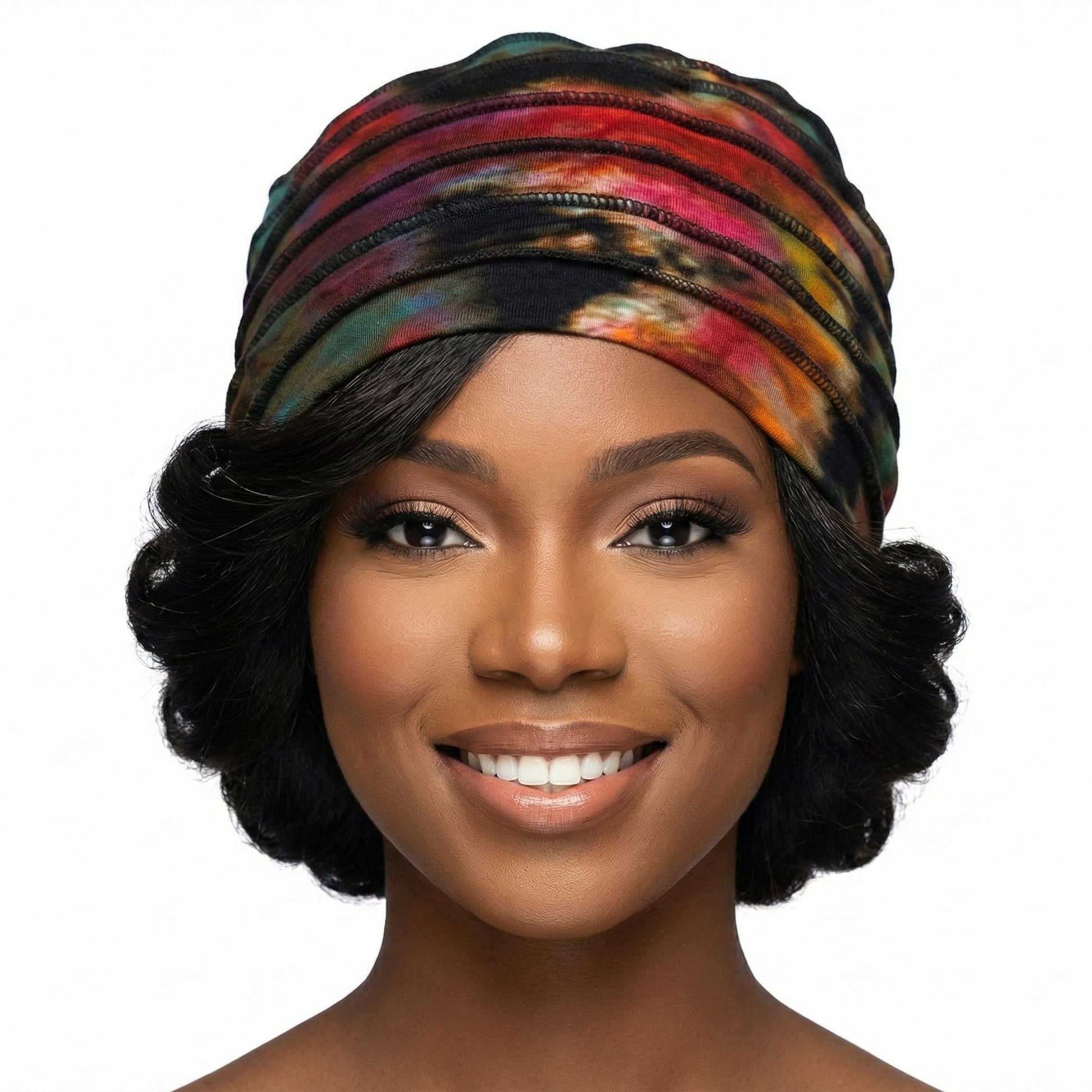 Woman wearing a tiedye hat on a white background-Sanjules