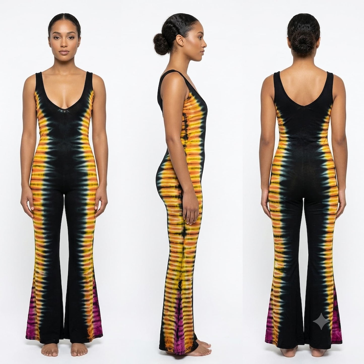 A woman modeling a sleeveless black jumpsuit with a vibrant tie-dye pattern 