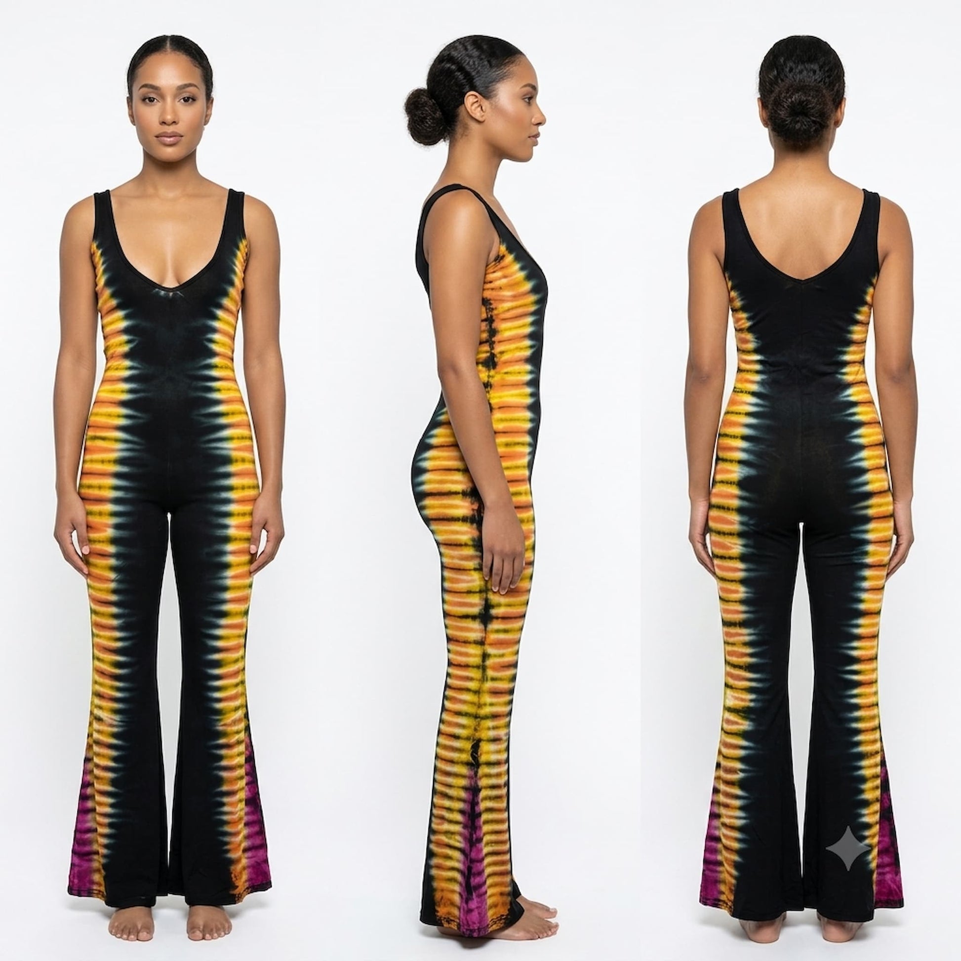 A woman modeling a sleeveless black jumpsuit with a vibrant tie-dye pattern 