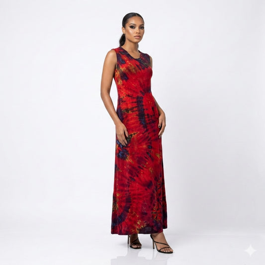 Woman wearing a red base  tie-dye dress on a white background