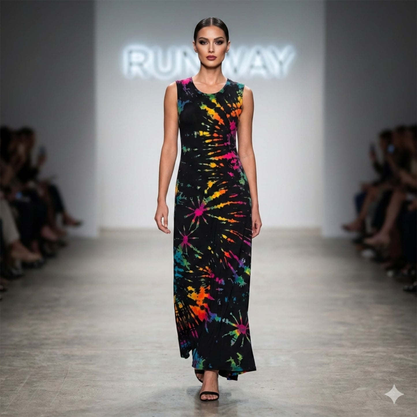 Model walking on a runway wearing a colorful tie-dye dress with 'Runway' in the background.