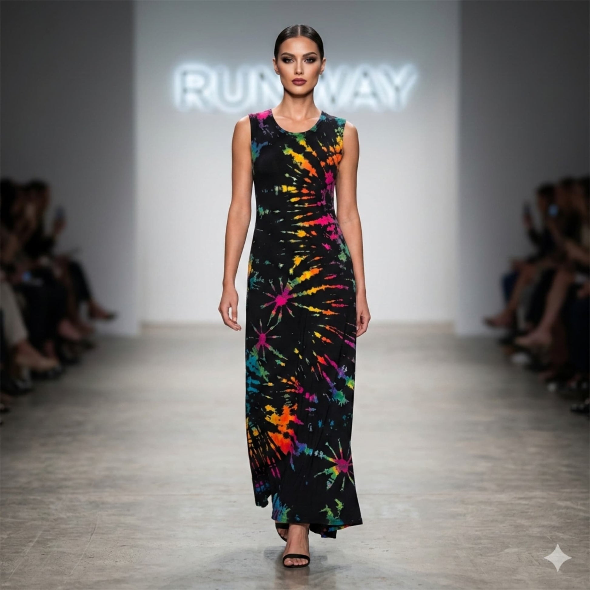 Model walking on a runway wearing a colorful tie-dye dress with 'Runway' in the background.