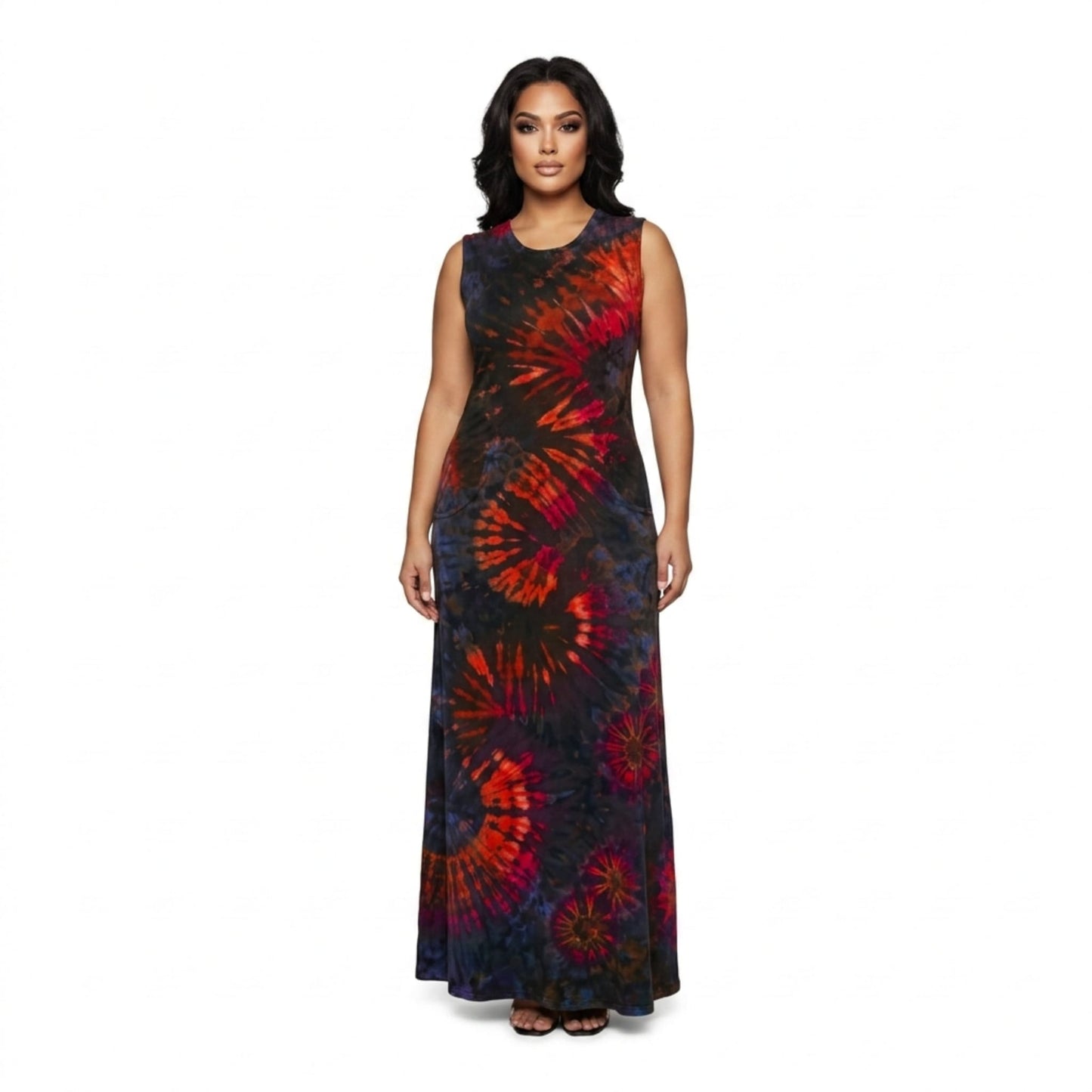 Woman wearing a tie-dye dress on a white background