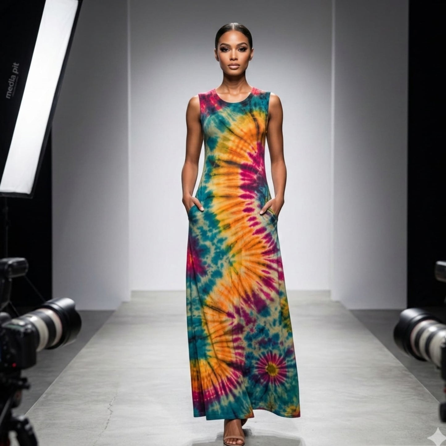 Model wearing a tie-dye dress on a runway with cameras on either side.