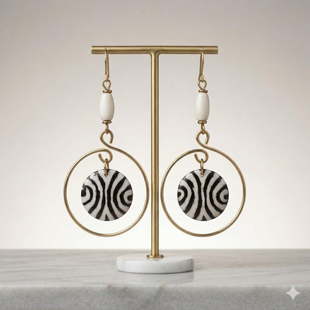 Kenyan brass,  and hand-carved bone drop earrings with black and white zebra-like patterns.