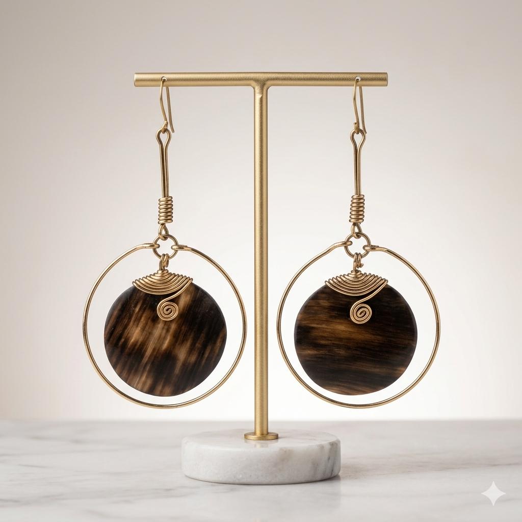 Kenyan handcrafted brass hoop earrings with dark, polished bone discs and wire-wrapped details.