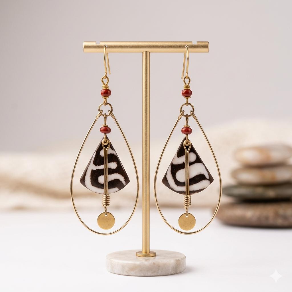 Kenyan brass, and bone drop earrings with black and white patterns on a display stand.