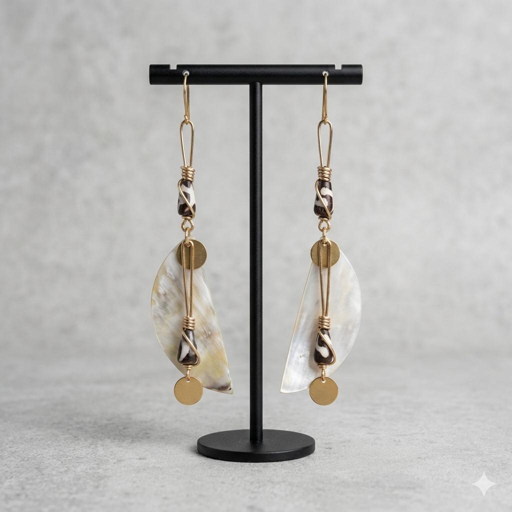 Kenyan brass, and hand-carved bone drop earrings with a half-moon design.