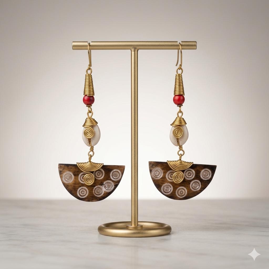 Kenyan brass, cowrie shell, and bone drop earrings with red beads and spiral designs.