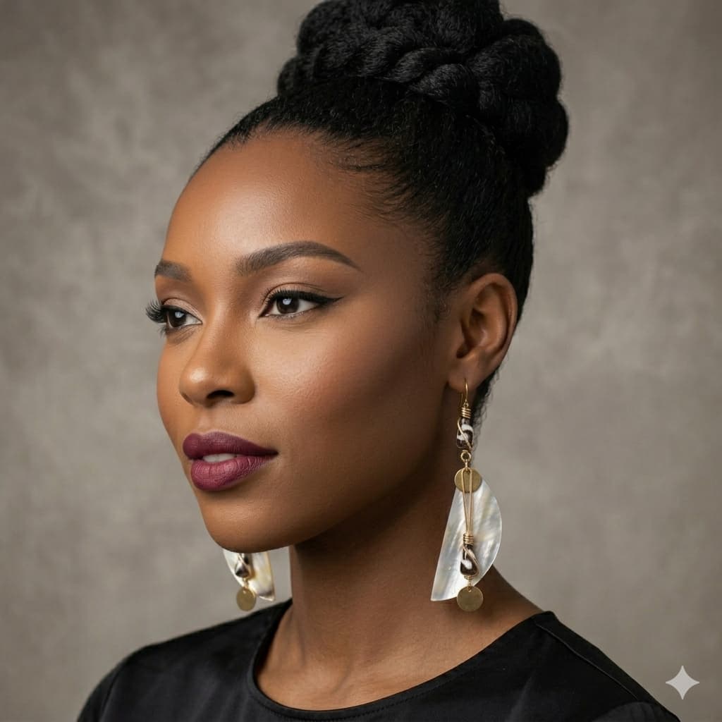Woman wearing gold and clear earrings against a neutral background