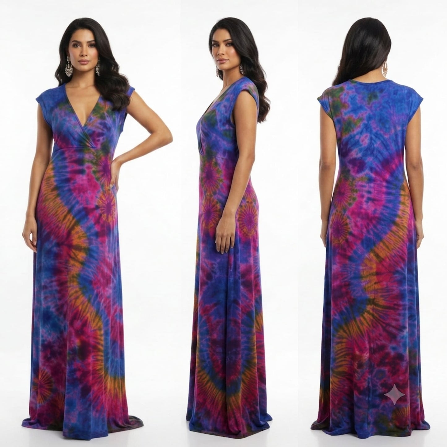 A sleeveless floor-length dress shown on a model from front, side, and back views 