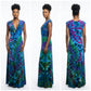 A sleeveless maxi dress with a vibrant tie-dye pattern in blue, green, and purple