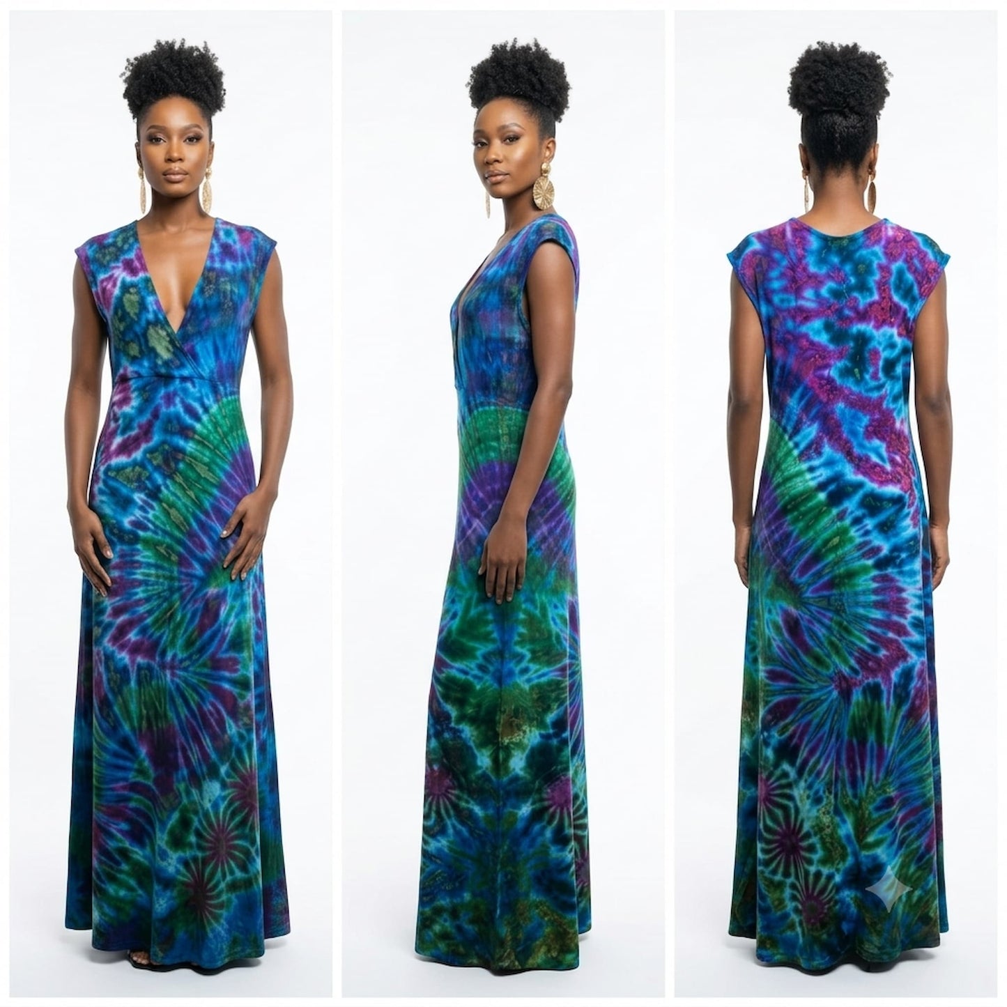 A sleeveless maxi dress with a vibrant tie-dye pattern in blue, green, and purple