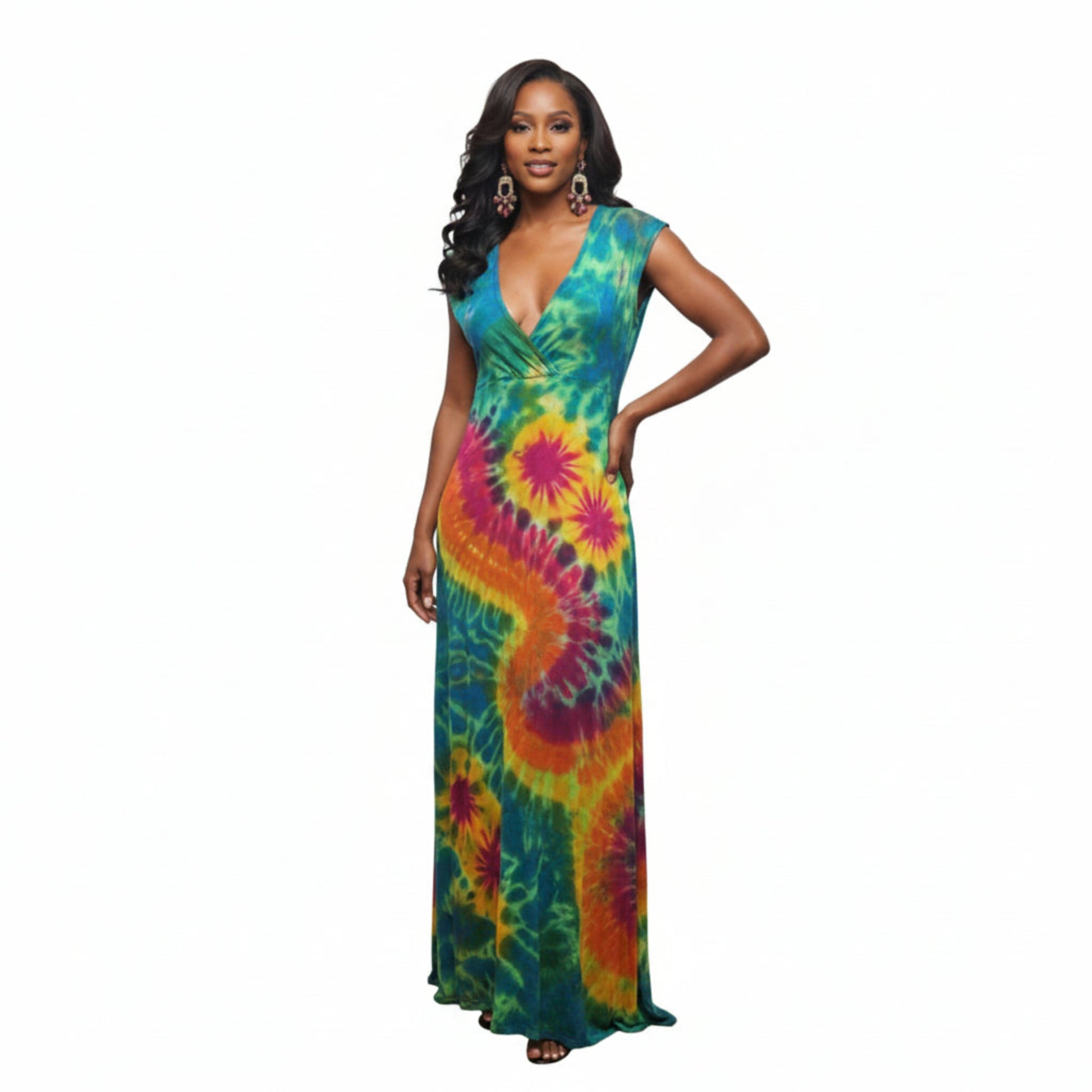 A woman wearing a sleeveless V-neck maxi dress with a vibrant tie-dye spiral pattern