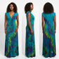 A sleeveless floor-length dress shown from front, side, and back views on a model 