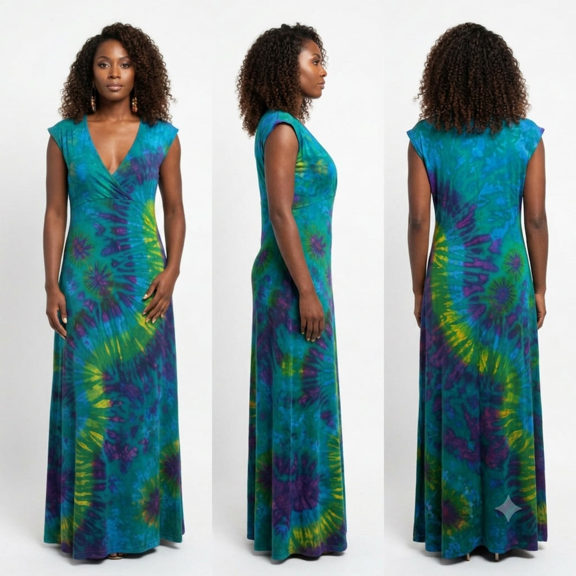 A sleeveless floor-length dress shown from front, side, and back views on a model 