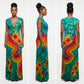 A woman modeling a sleeveless maxi dress in three views against a light gray studio background. 