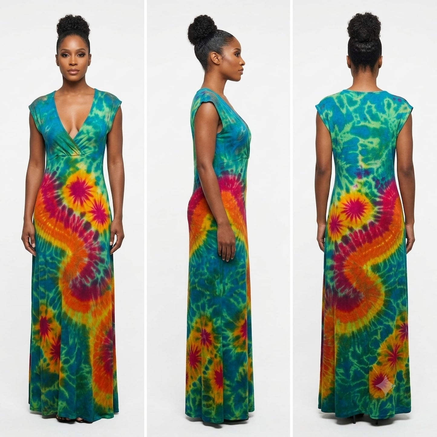 A woman modeling a sleeveless maxi dress in three views against a light gray studio background. 