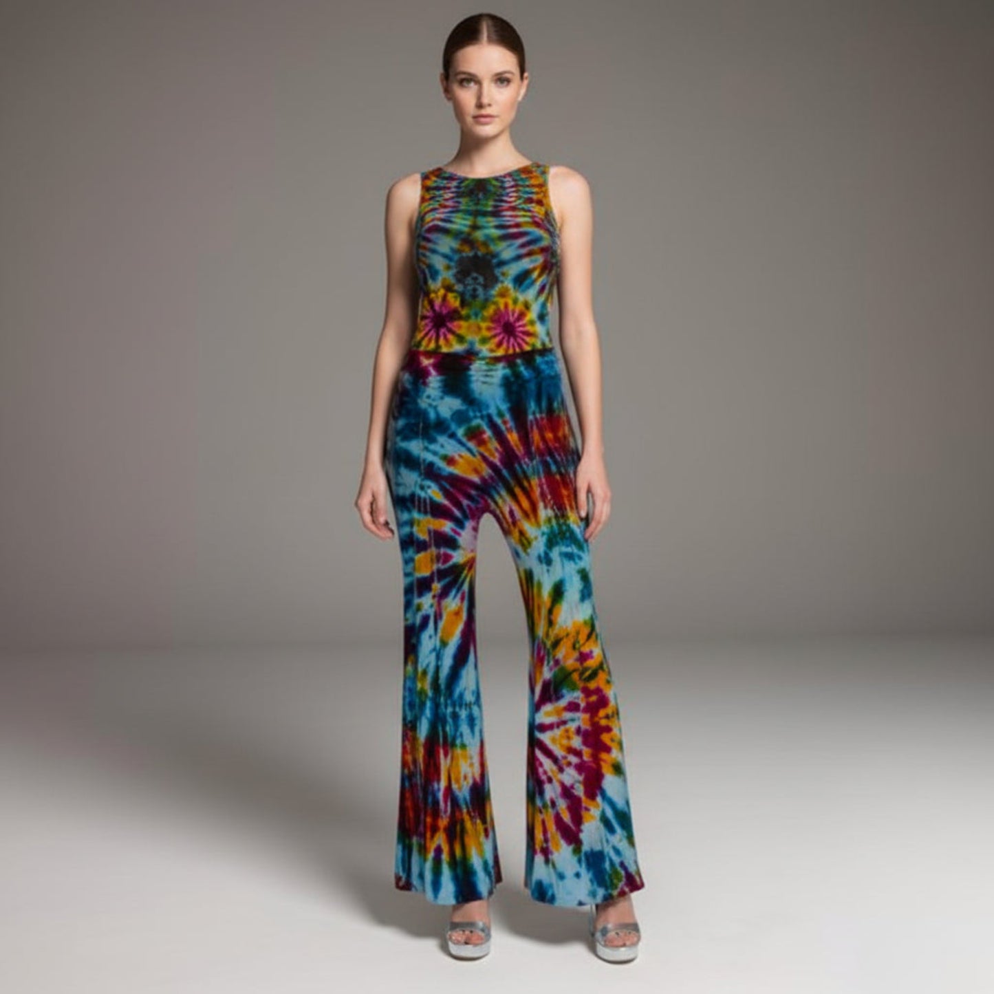 Miami Wide Leg Seam-Out Pants in hand-dyed tie-dye — side view showing exposed seam detail