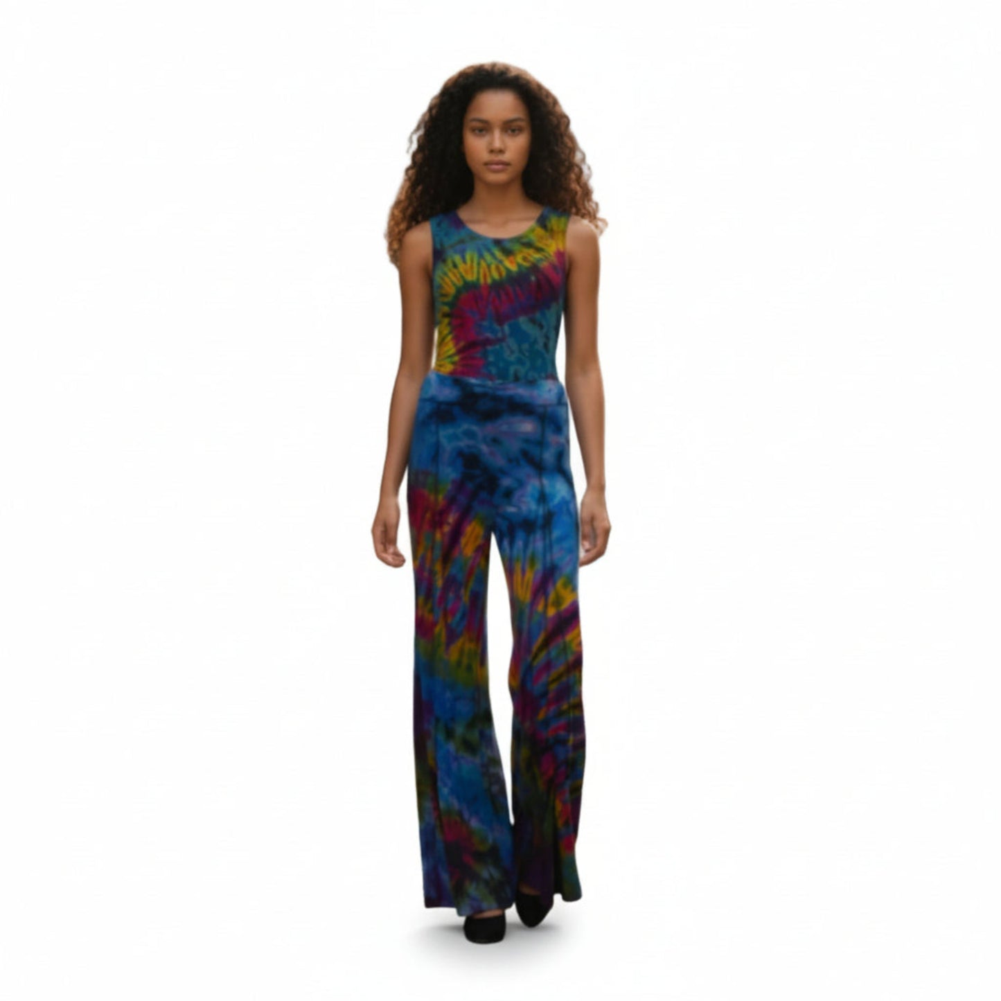 Miami Wide Leg Seam-Out Pants hand-dyed tie-dye — flared wide leg silhouette on model
 