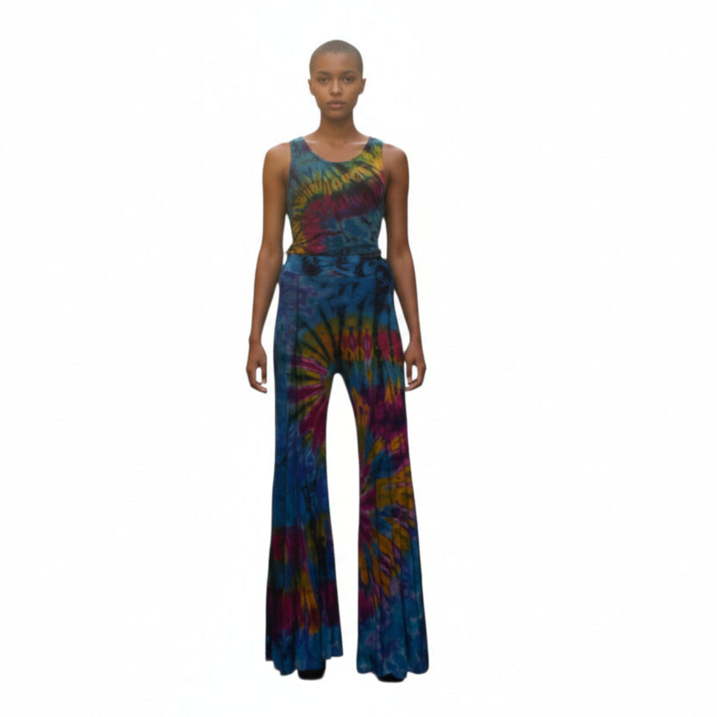 Miami Wide Leg Seam-Out Pants tie-dye — hip-hugging fit with flowy wide leg, white background