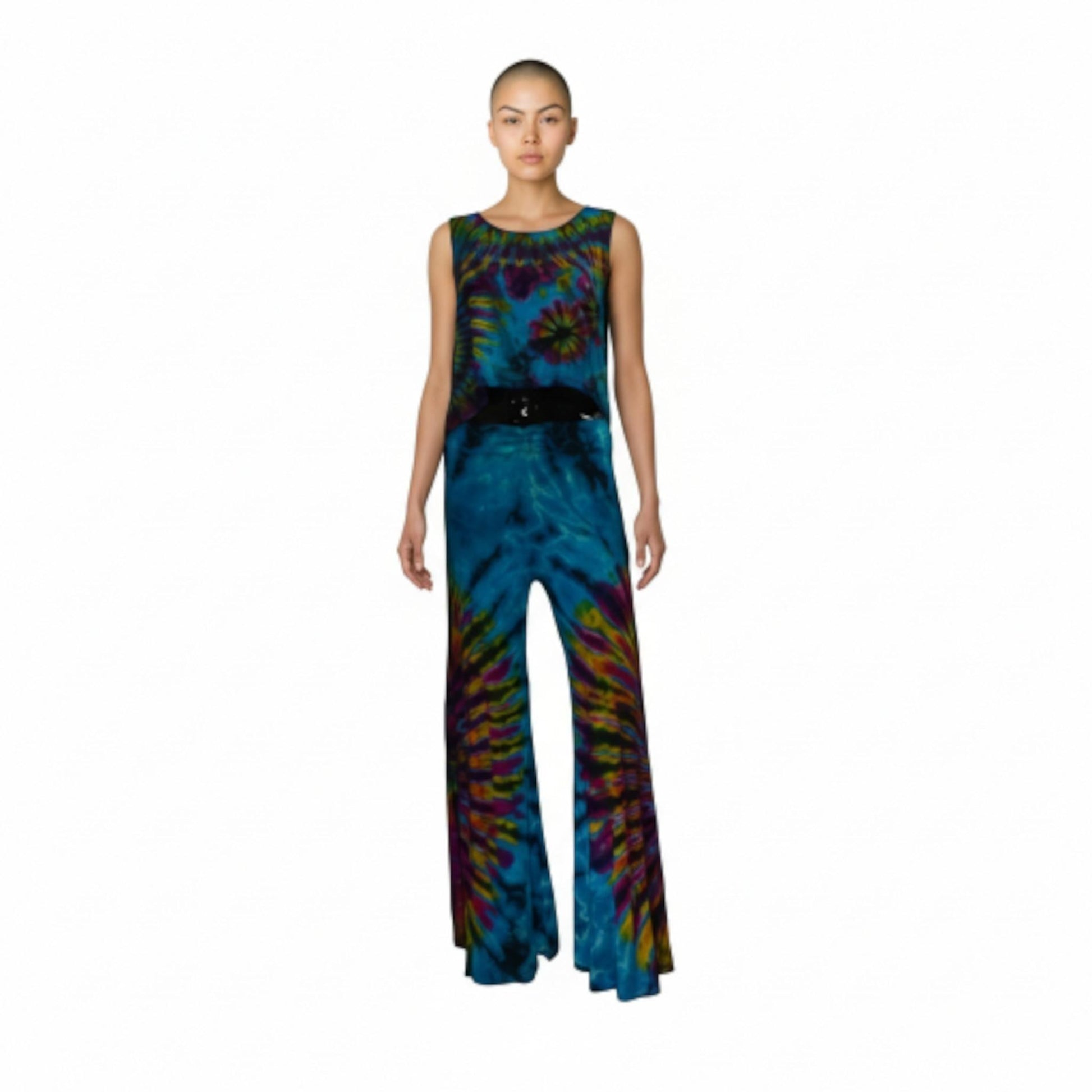 Model wearing a tie-dye top and pants a white background