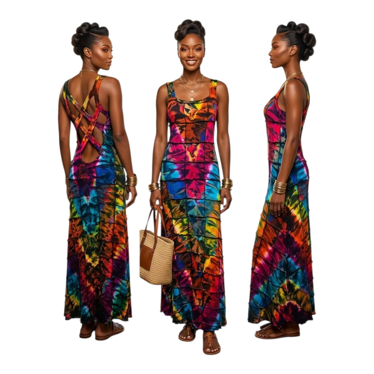 Multicolored patterned tie-dye dress worn by a model from multiple angles on a white background