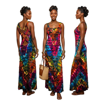 Multicolored patterned tie-dye dress worn by a model from multiple angles on a white background