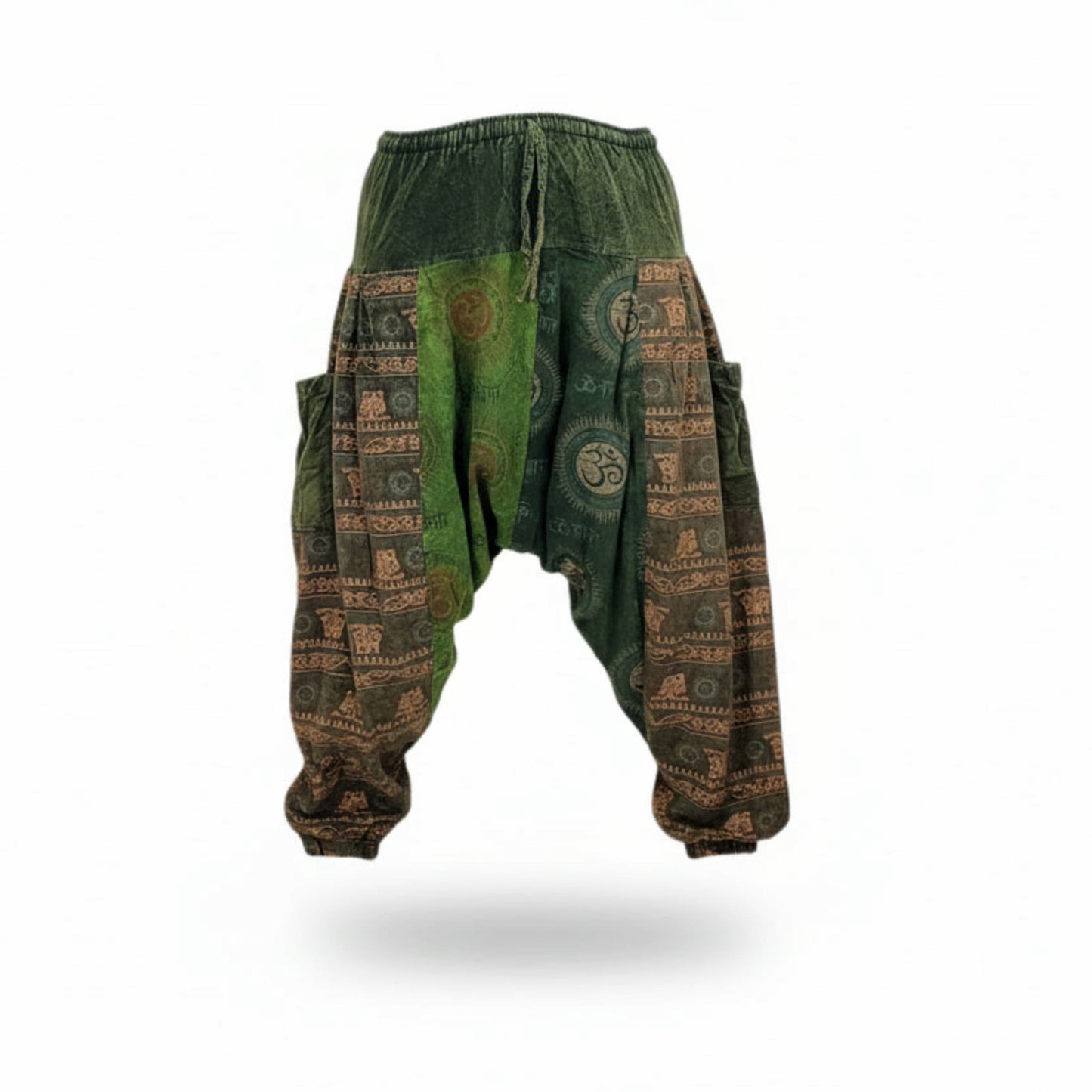 Green and brown harem patterned pants on a white background