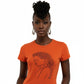 Orange t-shirt with a graphic design on a mannequin against a white background