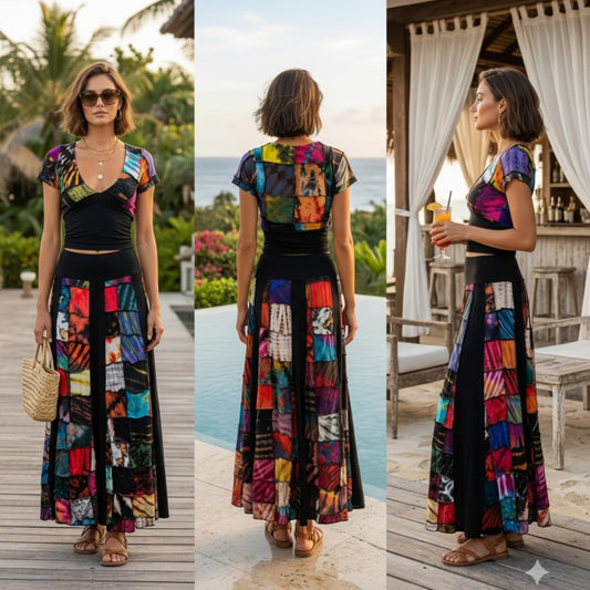 Woman wearing a colorful patchwork top and skirt in various outdoor settings.